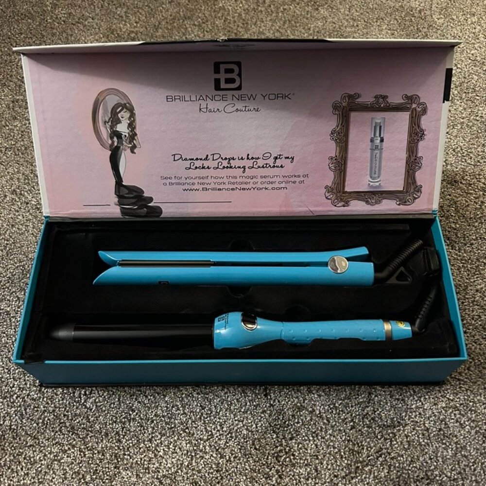 Brilliance New York Blue Ceramic Flat Iron & Curling Iron Set